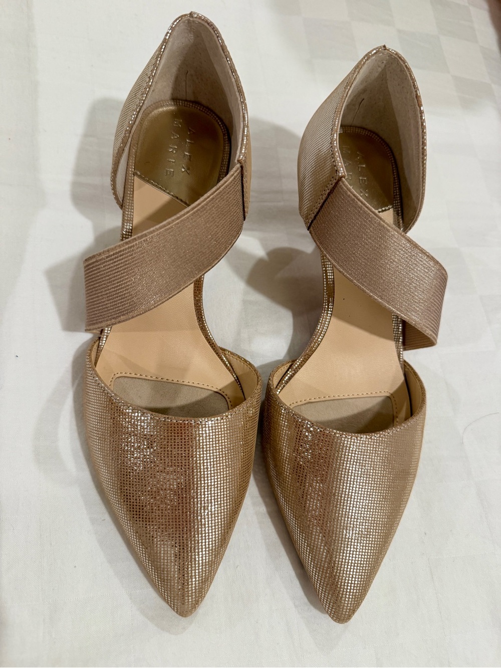 Alex Marie Metallic Rose Gold Pointed D'Orsay Heels with Cross Strap